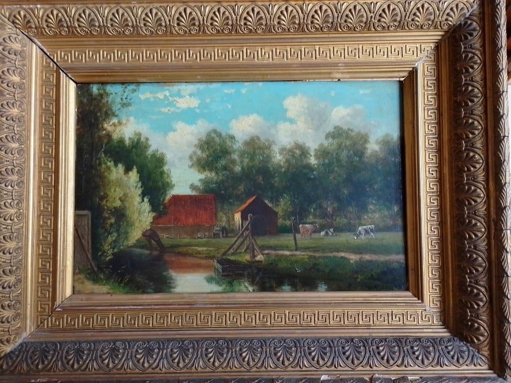 Willem Roelofs  1822 - 1897  Landschap met hoeve en koeien, Antiek en Kunst, Kunst | Schilderijen | Klassiek, Ophalen of Verzenden