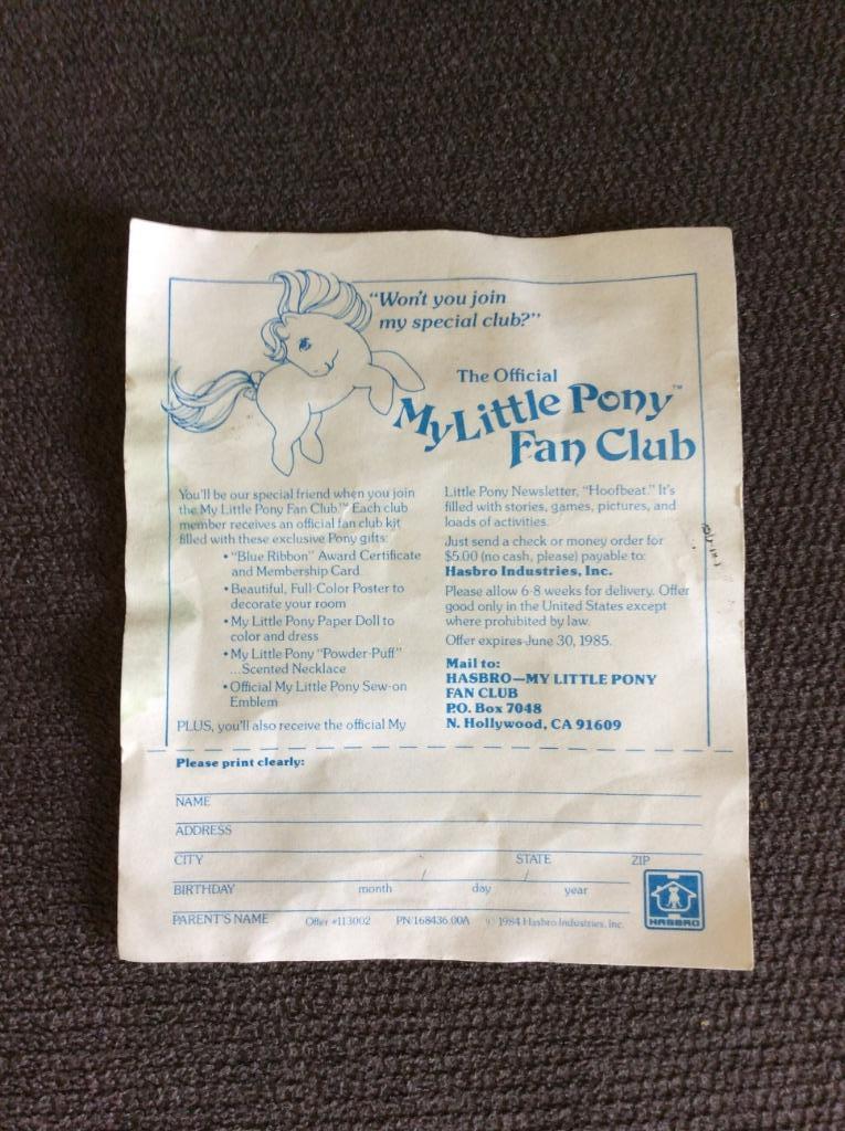 My Little Pony G1 Inschrijvingsformulier fan club, Verzenden