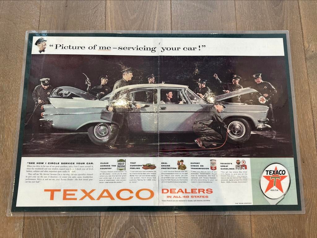 Affiche ancienne plastifiée de Texaco, Rectangulaire horizontal, Comme neuf, Affiche ou Poster pour porte ou plus grand, Publicité