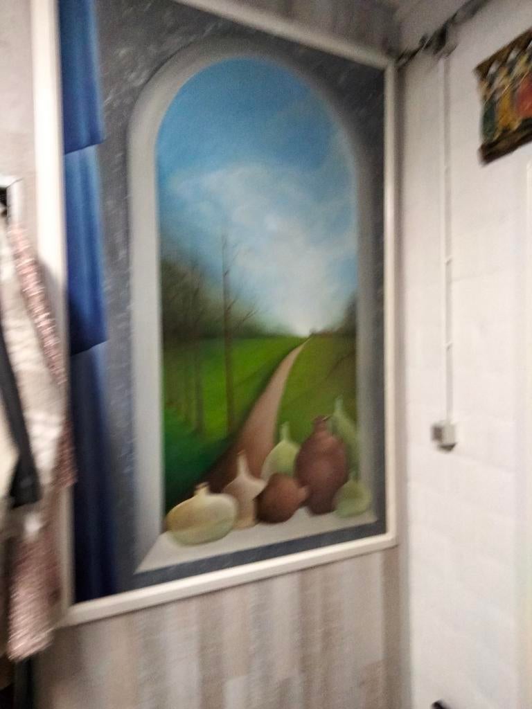 Héél groot schilderij op plaat.ingekaderd..185 op 125 cm, Ophalen, Zo goed als nieuw, Schilderij