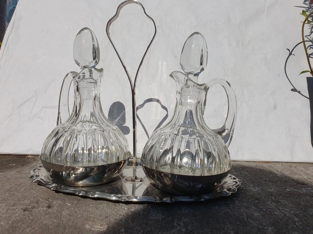 azijn en olie stel in glas op inox dienblad, Ophalen of Verzenden