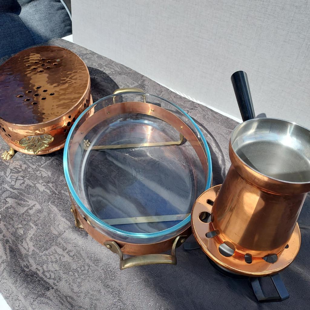 Koper verwarmer en schaal met flambeerstel, Antiek en Kunst, Ophalen, Koper