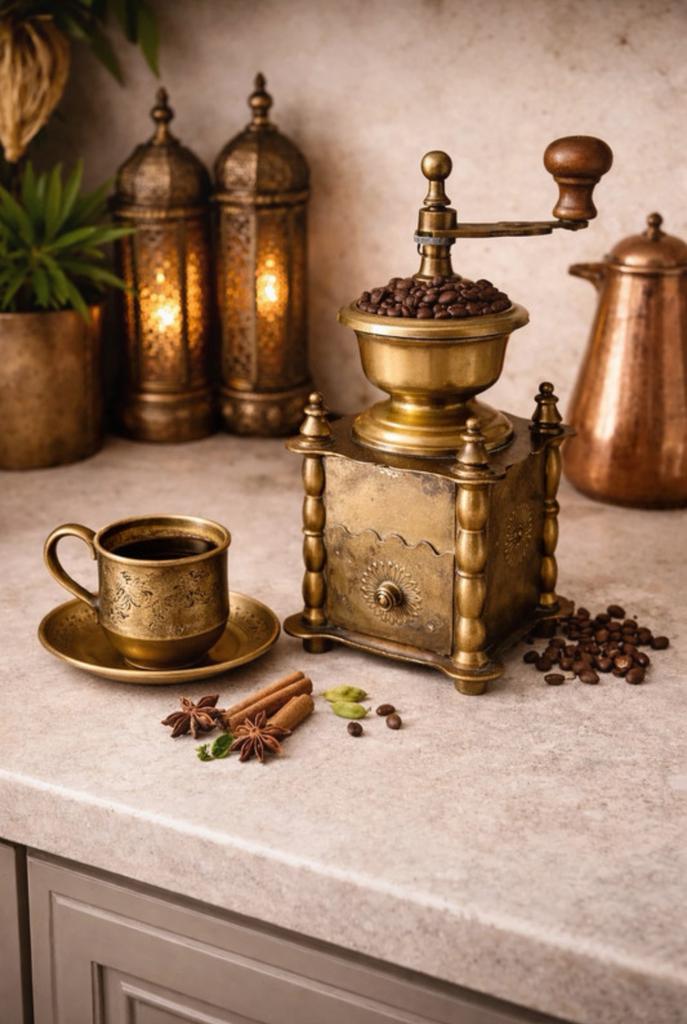 Vintage koperen handmatige koffiemolen met houten handvat, Ophalen of Verzenden