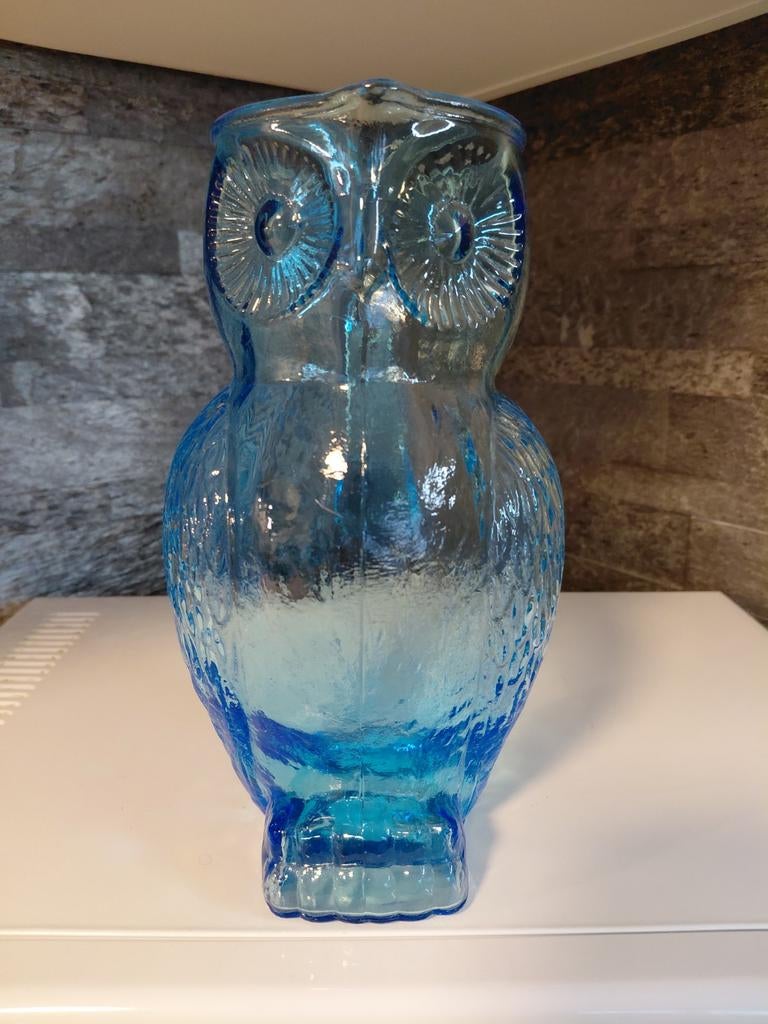 Vintage blauwe mid-century waterkan, karaf, pichet uil, Ophalen of Verzenden