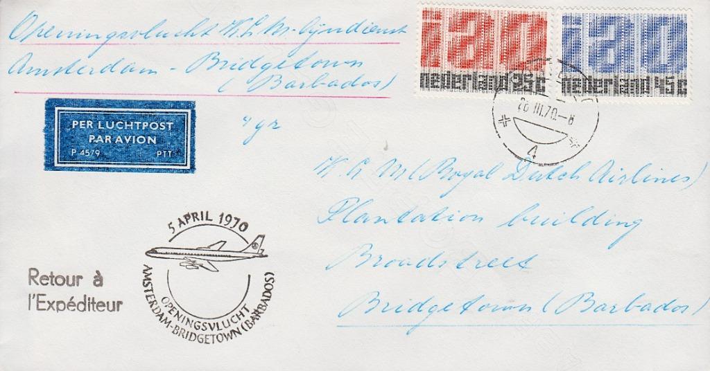 1970 - NEDERLAND - Vlucht Amsterdam-Bridgetown [Y&T 886/887], Verzenden, Na 1940, Gestempeld