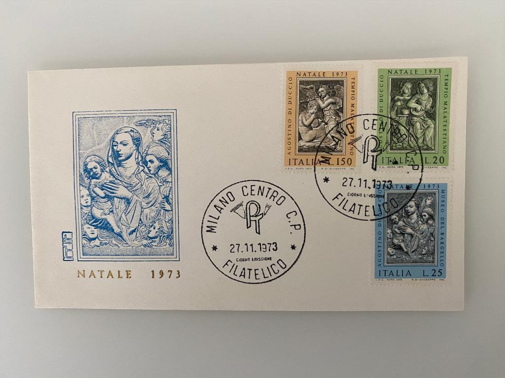 Postzegel First Day Cover Italië Natale 1973, Ophalen of Verzenden, Gestempeld