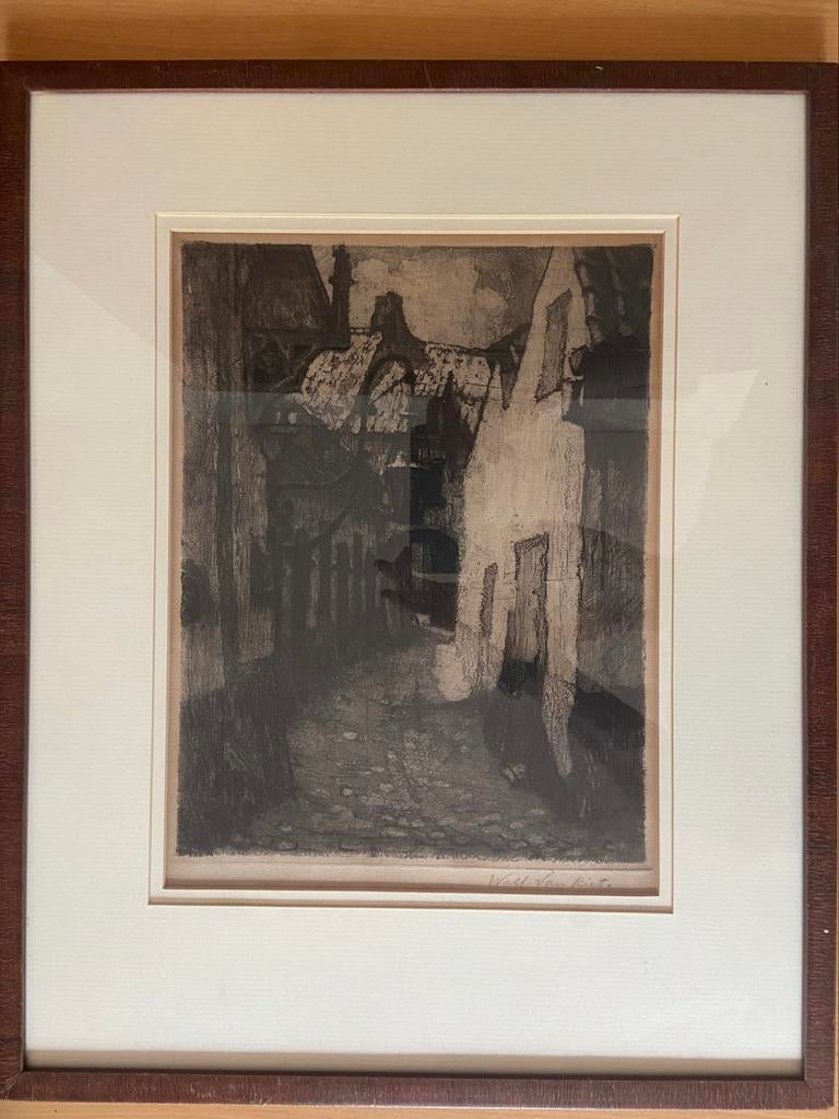 Ets. Willem van Riet. Straatje in Antwerpen. Gesigneerd, Antiek en Kunst, Kunst | Etsen en Gravures, Ophalen of Verzenden