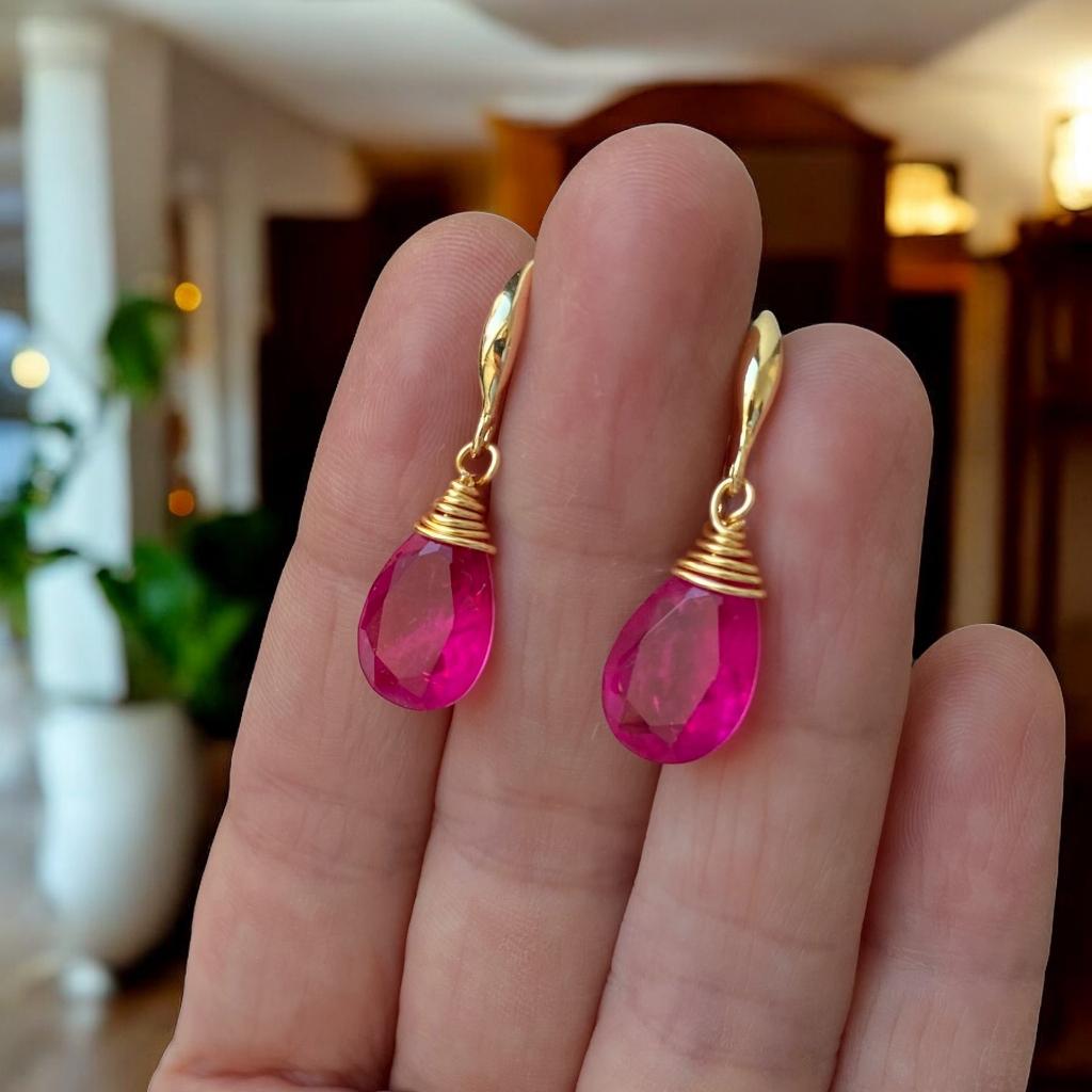 Oorbellen roze kristal  verguld 14k, Handtassen en Accessoires, Oorbellen, Nieuw, Hangers, Overige materialen, Roze, Met kristal