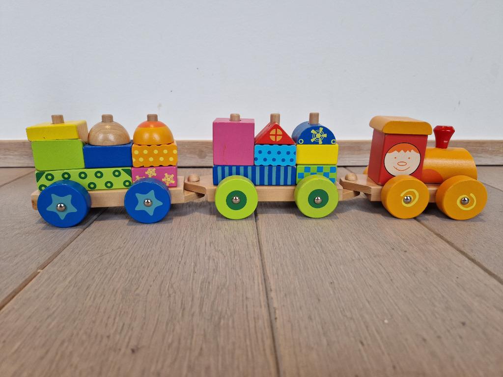 Set houten speelgoed baby peuter loopkip trein toren, Enlèvement, Utilisé