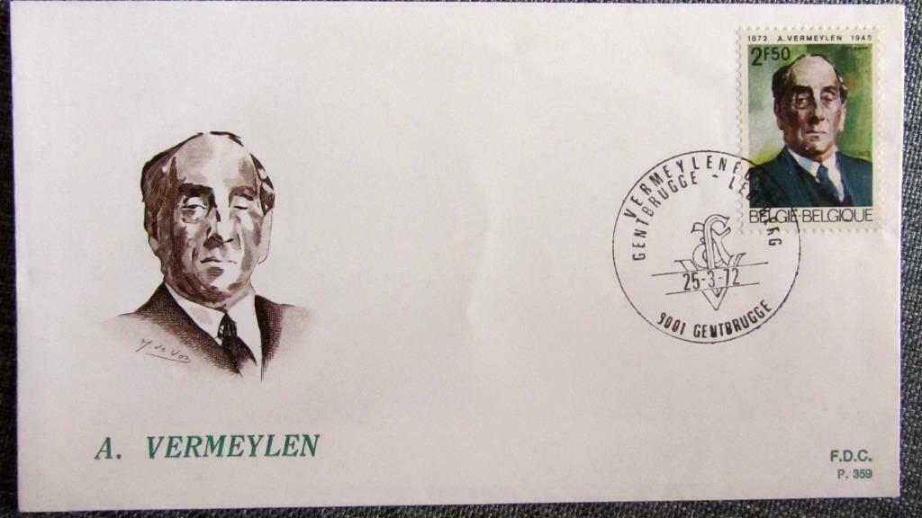 FIRST DAY COVER-SCHRIJVERS-DICHTERS-AUGUSTE VERMEYLEN-BELGIË, Ophalen of Verzenden, Gestempeld, Overige thema's