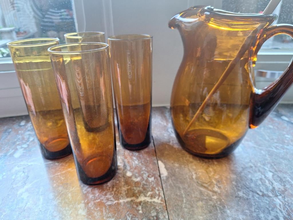 Sangria kan en 4 glazen, Verzamelen, Glas en Drinkglazen, Ophalen, Zo goed als nieuw