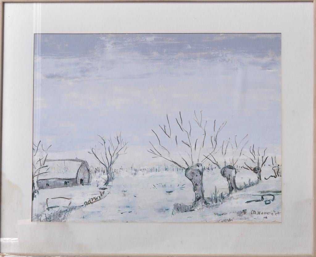 Winters Landschap - Onleesbaar Gesigneerd, Ophalen of Verzenden