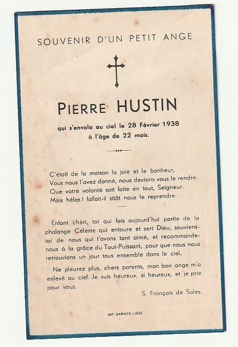 Décès Pierre Hustin 1938 enfant 22 mois Liège, Verzenden, Bidprentje