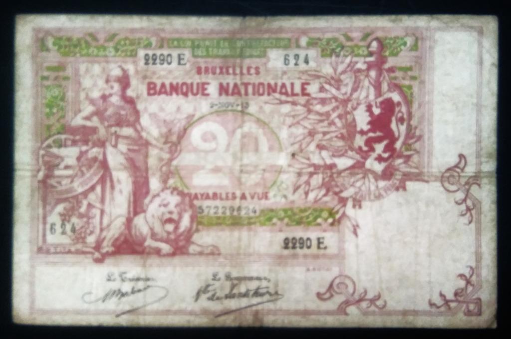 Belgique 20 francs modèle 1894 - 02-nov-1913, Enlèvement ou Envoi, Billets en vrac
