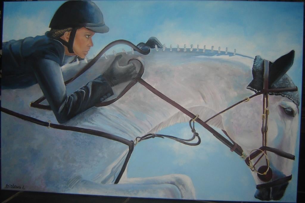 peinture cheval sautant Camille avec Athina Onassis (75x115), Antiquités & Art, Art | Peinture | Classique, Enlèvement