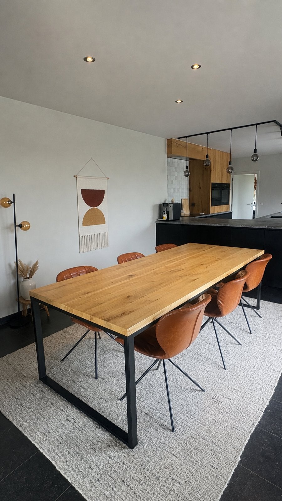 Mooie tafel met massief eiken blad en 6 bijpassende stoelen., Huis en Inrichting, Ophalen, Eikenhout, 200 cm of meer, 50 tot 100 cm