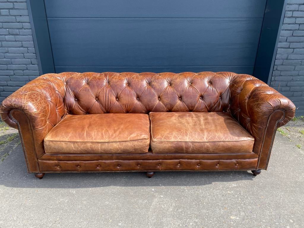 Stoere Ralp Lauren Chesterfield zetel vintage cognac, Maison & Meubles, Canapés | Repose-pieds & Poufs, Comme neuf, Cuir, Enlèvement ou Envoi
