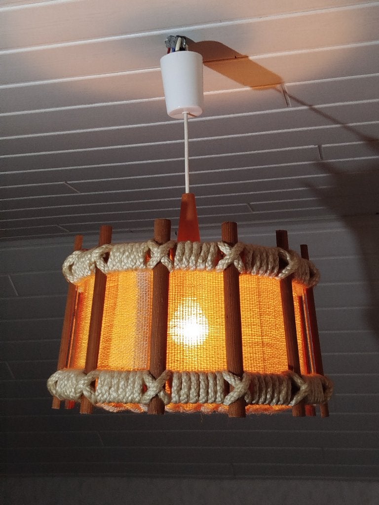 Vintage Scandinavische Hanglamp Jute/wol/hout jaren ‘70, Ophalen of Verzenden, Gebruikt, Stof, Minder dan 50 cm