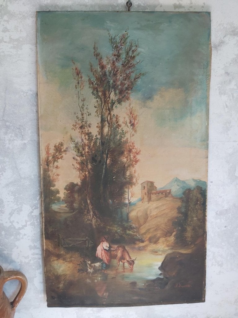 Prachtig oud frans schilderij op doek - landelijk thema 1861, Antiquités & Art, Art | Peinture | Classique, Enlèvement ou Envoi