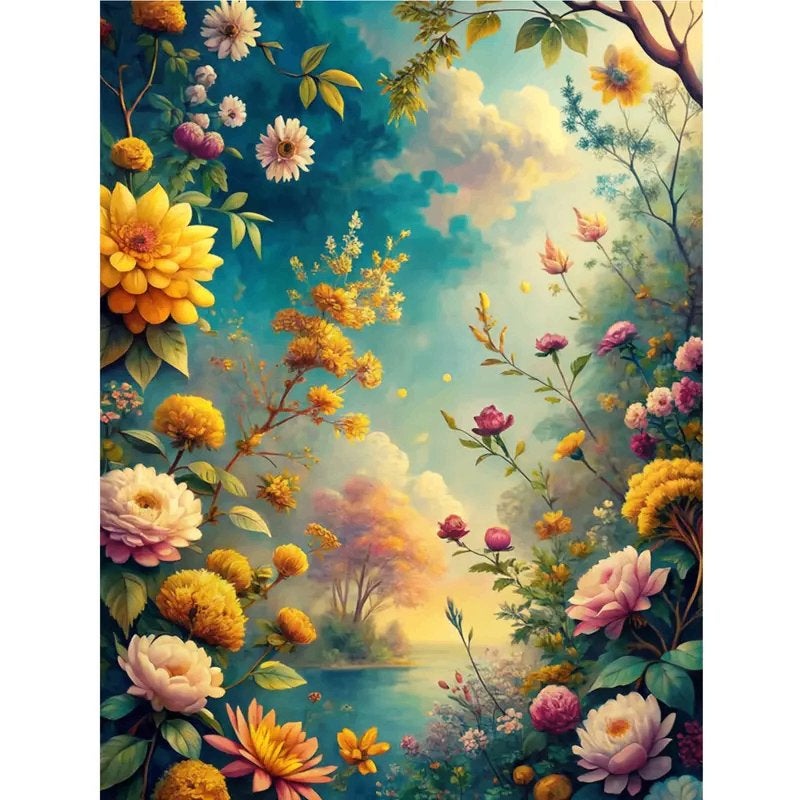 Peinture au diamant, 40 x 30 cm, fleurs, lac (rond), n 217, Enlèvement ou Envoi, Neuf, Natuur en Bloemen, Diamond painting