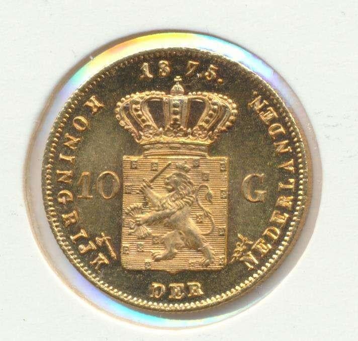 Nederland gouden tientje 1875 Willem 3, Postzegels en Munten, Ophalen of Verzenden, Goud