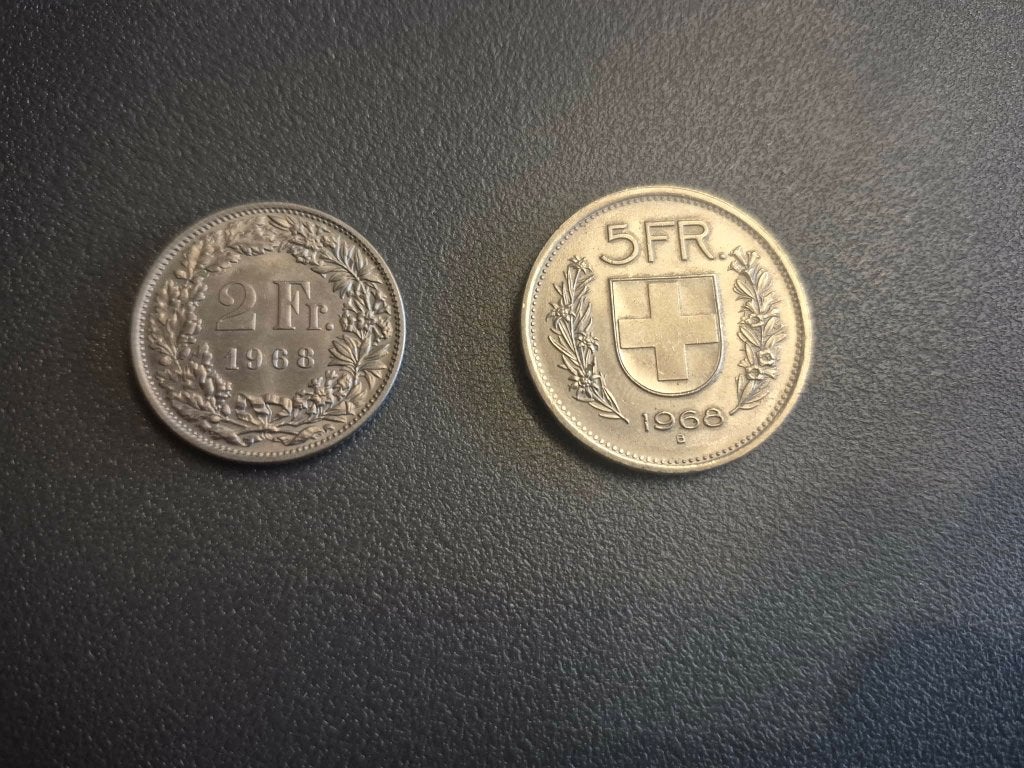 5fr en 2fr Zwitserland 1968, Postzegels en Munten, Ophalen of Verzenden, Overige landen, Losse munt