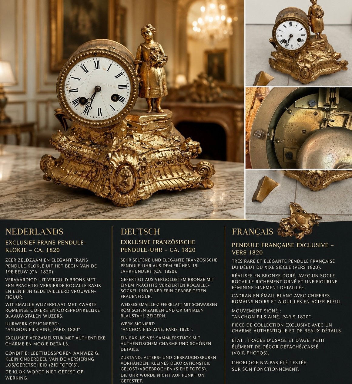 HORLOGE DE CHEMINÉE FRANÇAISE — 1820 — PIÈCE DE COLLECTION, Antiquités & Art, Antiquités | Horloges, Enlèvement ou Envoi