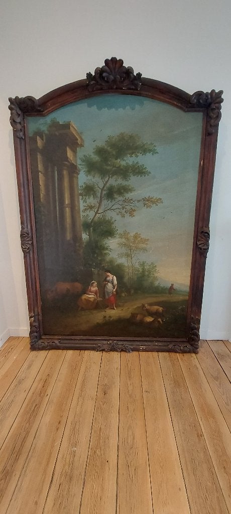 Ancien grand tableau de cheminée, huile sur toile, Peinture à l'huile, Enlèvement, Peint à la main, Paysage urbain / rural