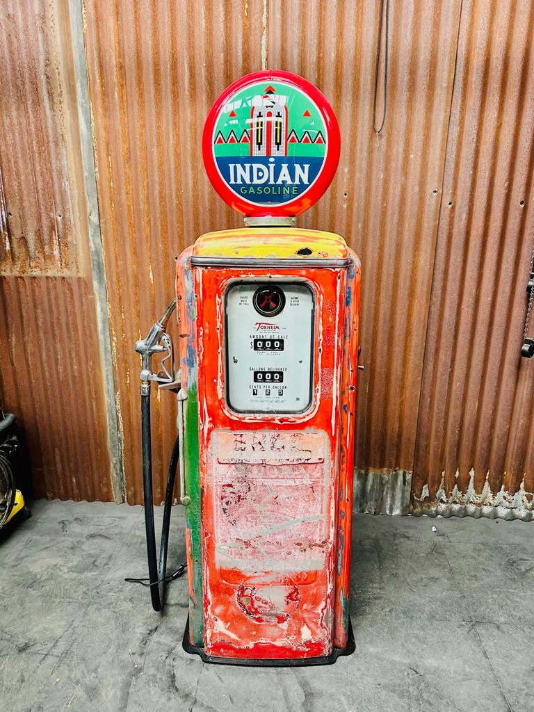 Pompe à essence Indian Gasoline américaine patine d’origine, Collections, Enlèvement, Utilisé, Panneau publicitaire