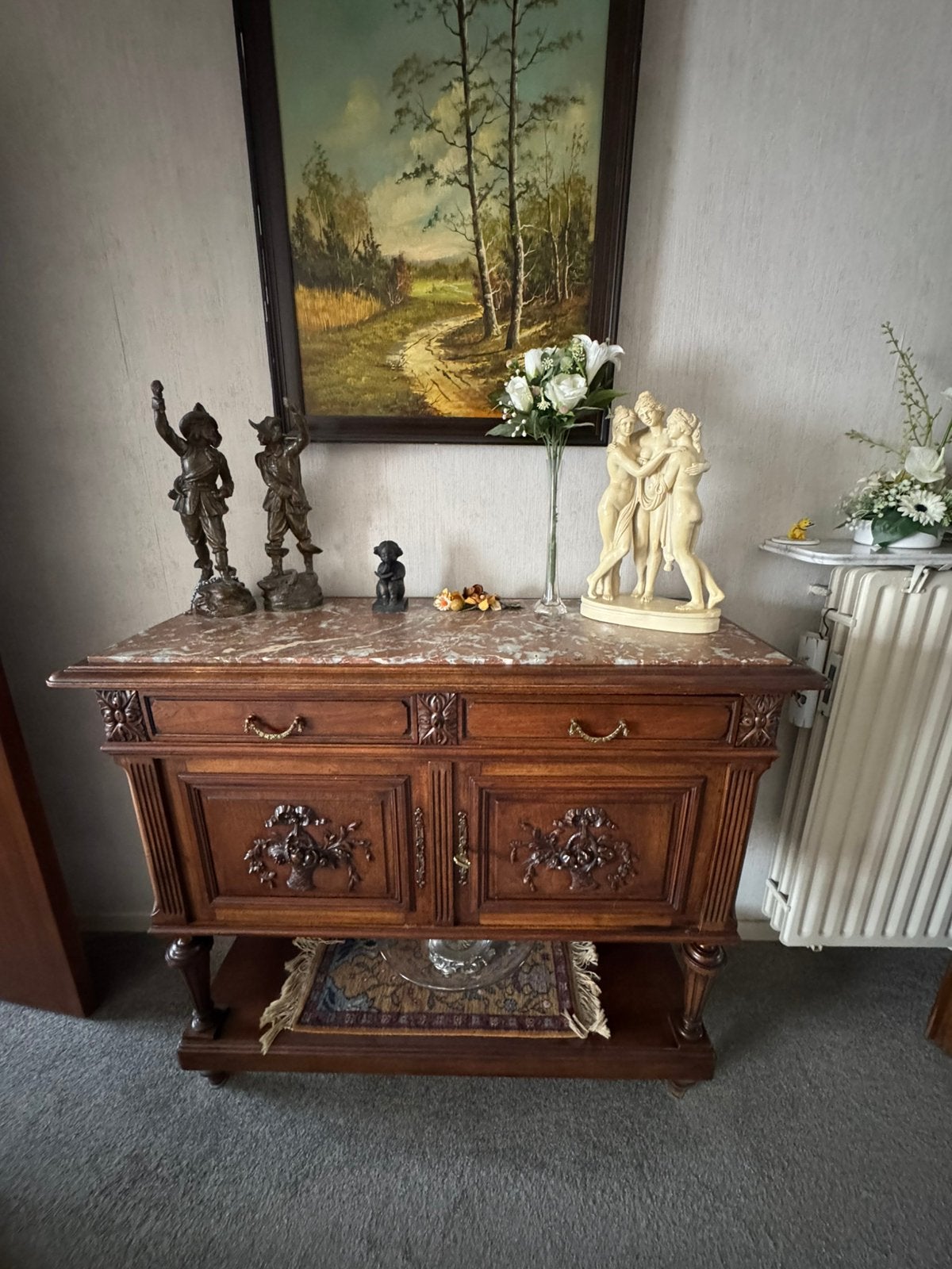 Prachtige vintage buffetkast met marmeren blad &houtsnijwerk, Enlèvement, Utilisé