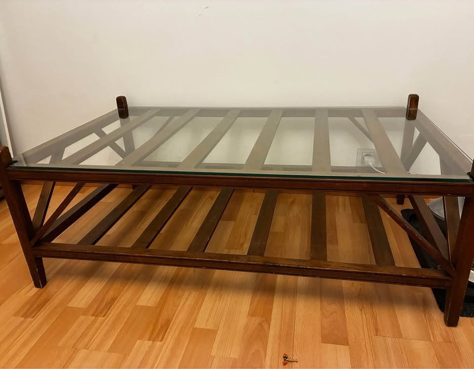 Table basse Flamant bois massif verre 120x70cm, Ophalen, Gebruikt, 100 tot 150 cm, Colonial / Campagne