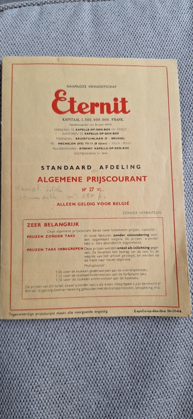 Eternit prijscourant nr 27 (1964), Enlèvement ou Envoi, Eternit, Comme neuf, Autres sujets/thèmes