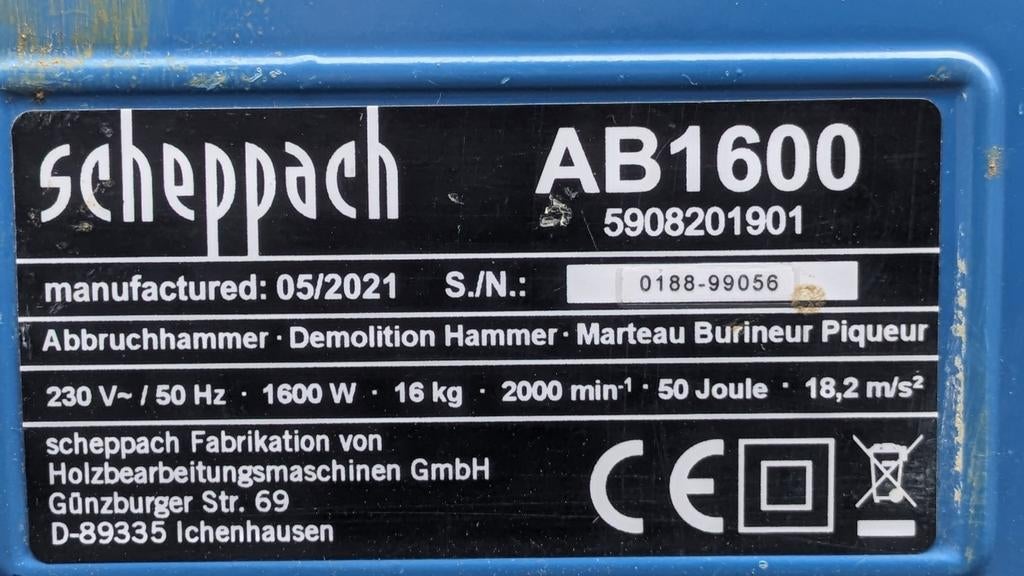 Marteau de démolition Scheppach AB1600, Bricolage & Construction, Outillage | Autres Machines, Enlèvement