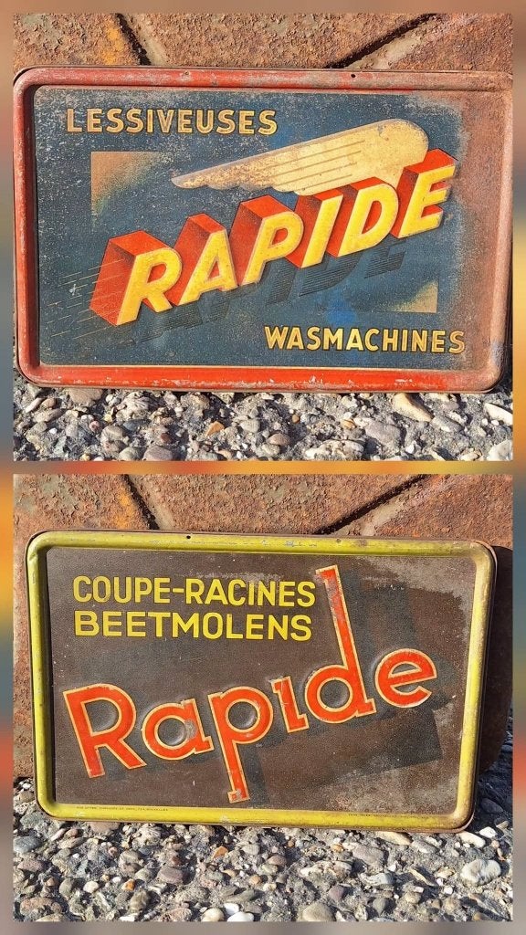 2 antieke metalen reclameborden (geen emaille) van Rapide., Ophalen of Verzenden, Gebruikt, Reclamebord