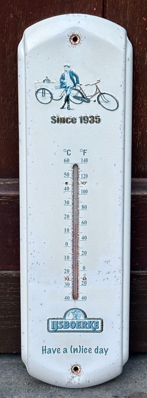 Vintage Ijsboerke thermometer, Buitenthermometer, Gebruikt, Metaal, Ophalen of Verzenden