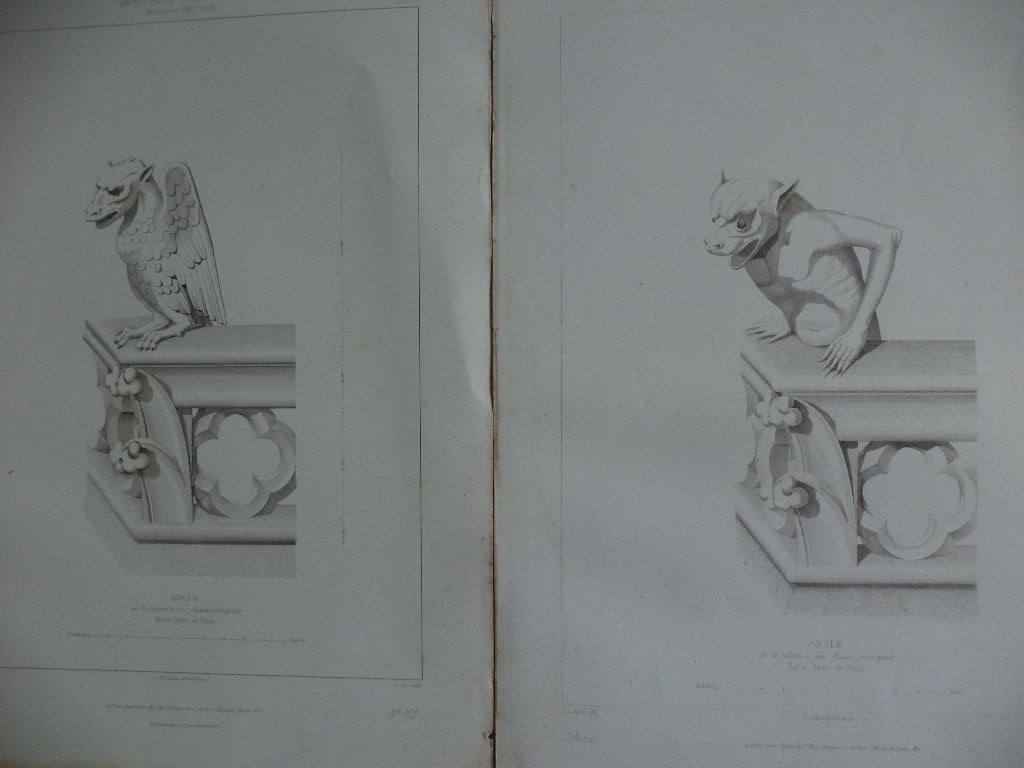 4x gravures anciennes gargouilles chimères, Notre-Dame Paris, Enlèvement ou Envoi, Architecture, Gravure