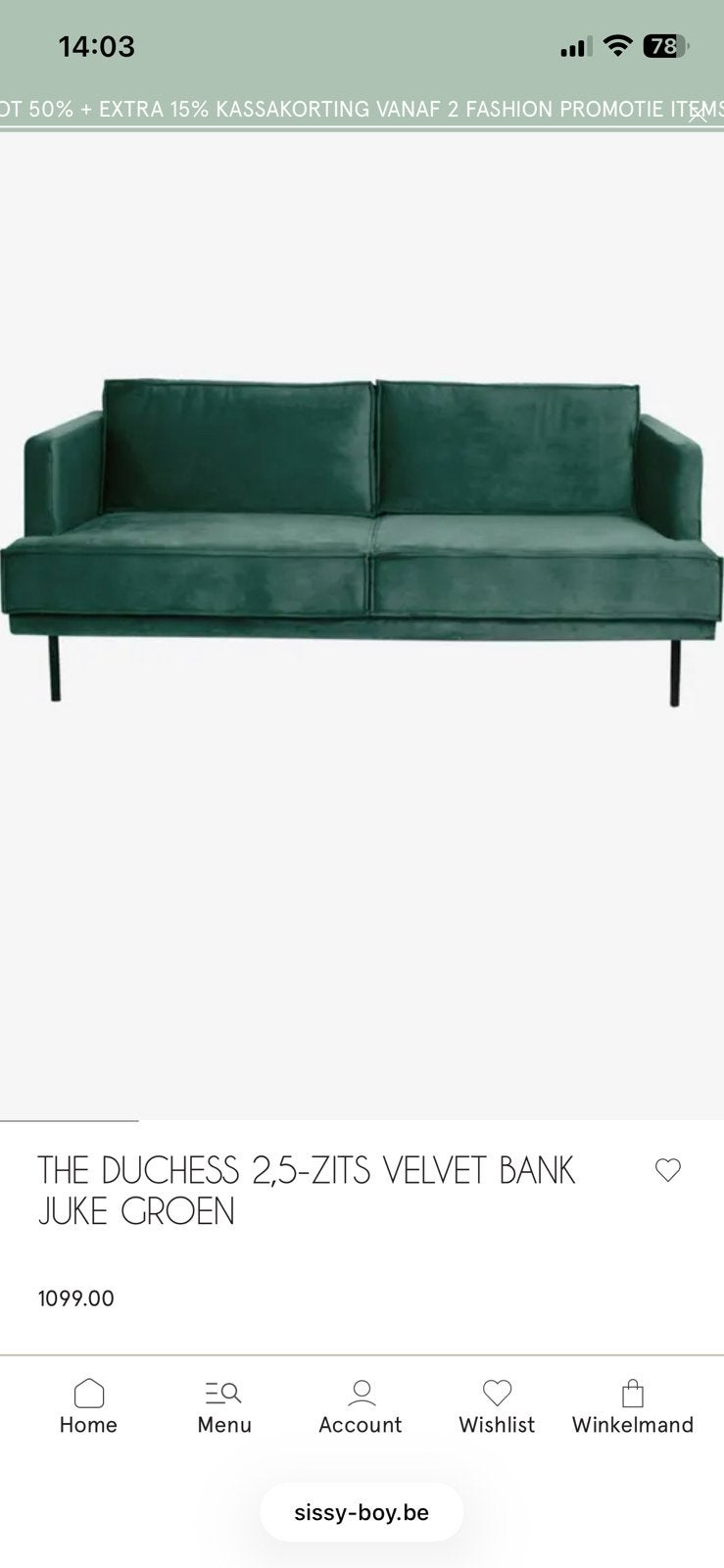 Canapé 2,5 places + tabouret Sissy boy en velours vert, Enlèvement, Utilisé, Tissus, Trois personnes
