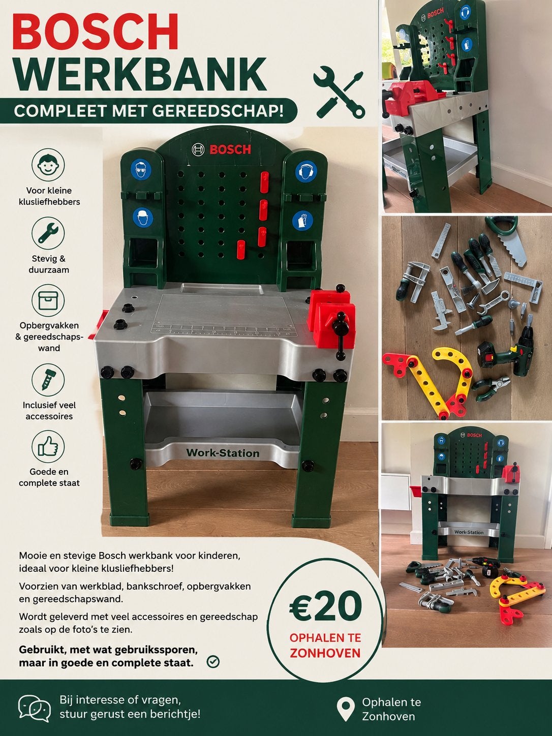 Werkbank bosh met gereedschap in nieuw staat, Kinderen en Baby's, Speelgoed | Speeltafels, Ophalen, Zo goed als nieuw
