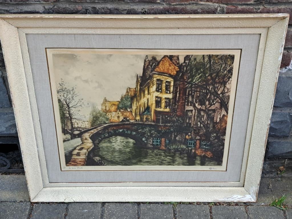Gravure les 2 ponts a bruges signe Jef codron, Antiquités & Art, Enlèvement ou Envoi, Gravure