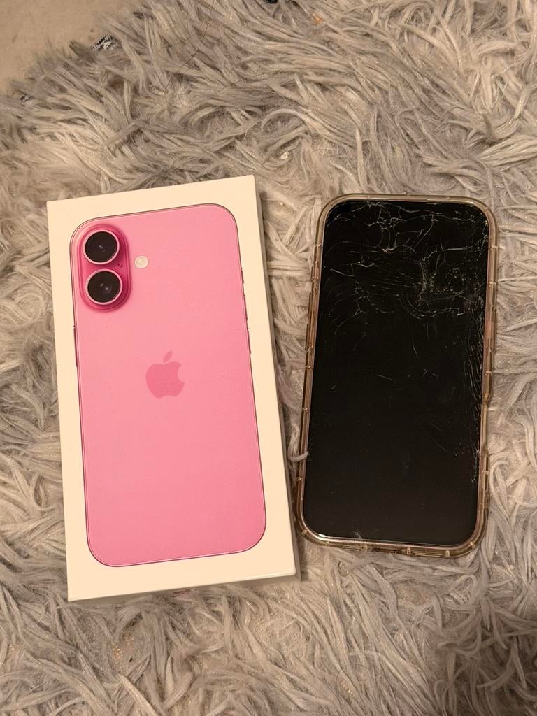 Iphone 16 256GB - werkt prima, alleen scherm kapot, Gebruikt, IPhone 16, Ophalen of Verzenden, Roze
