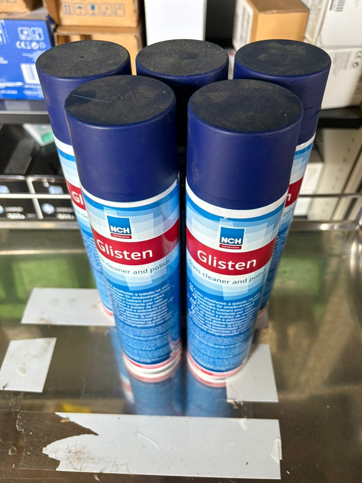 Lot de 5 bombes NCH Glisten nettoyant vitres professionnel, Maison & Meubles, Produits de nettoyage, Enlèvement ou Envoi, Produit de nettoyage