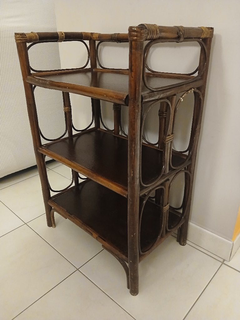 Étagère/Table d appoint vintage en rotin & bois teinté brun, Moins de 55 cm, Enlèvement, Utilisé, Rectangulaire