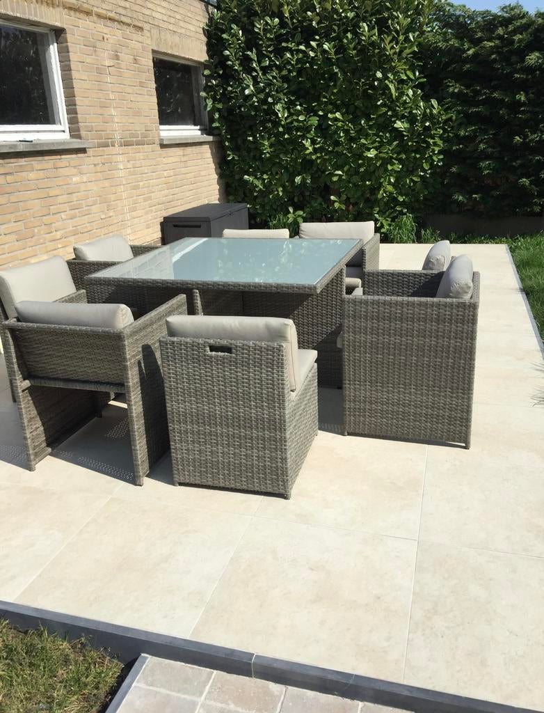 Set tuintafel en 8 stoelen met kussens om te geven, Ophalen, Gebruikt, 8 zitplaatsen, Loungeset