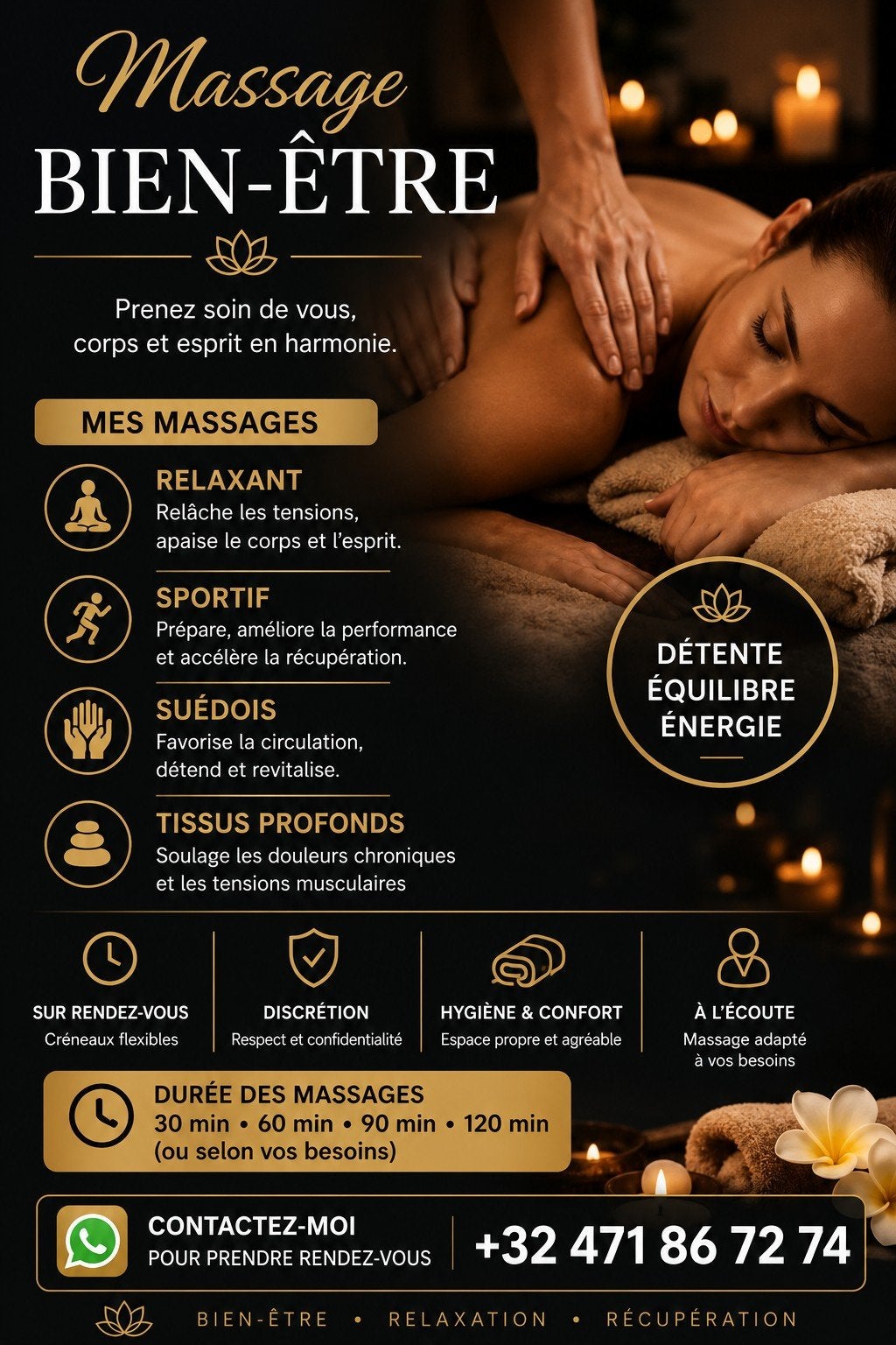 Massage relaxation, anti-stress, récupération, bien-être, Massage relaxant