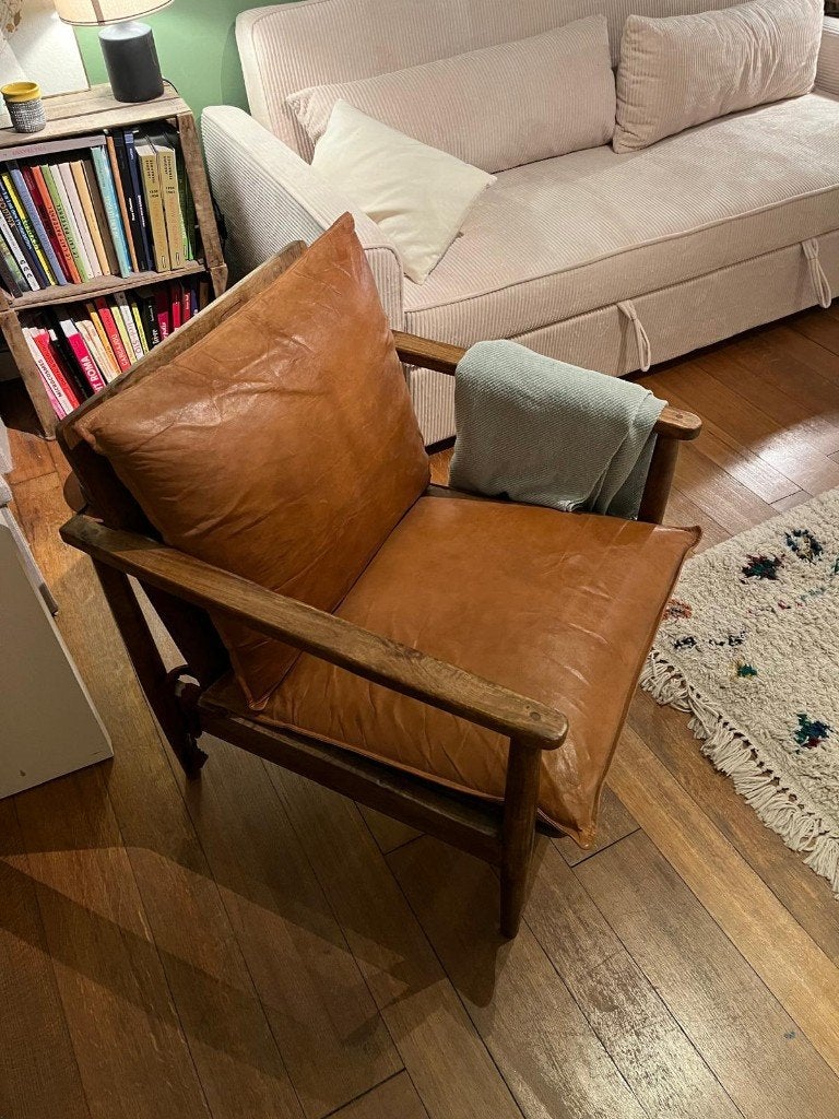 Fauteuil cuir, Moins de 75 cm, Vintage / cuir / bois, Comme neuf, Enlèvement