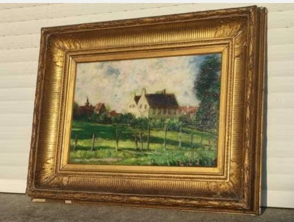 huile sur panneau paysage avec maison signe charles houben, Antiquités & Art, Enlèvement ou Envoi, Paysage, Panneau