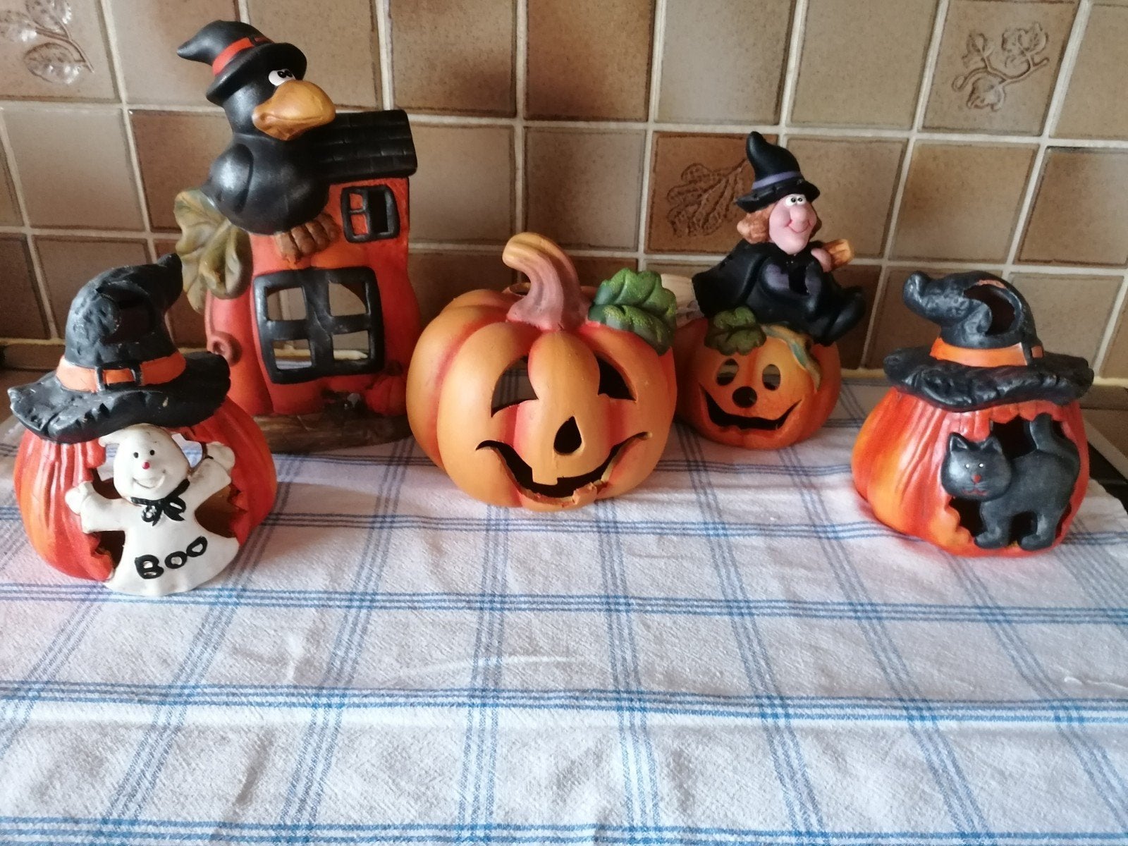 Halloween decoratie, theelicht houders in steen, Ophalen, Zo goed als nieuw, Versiering