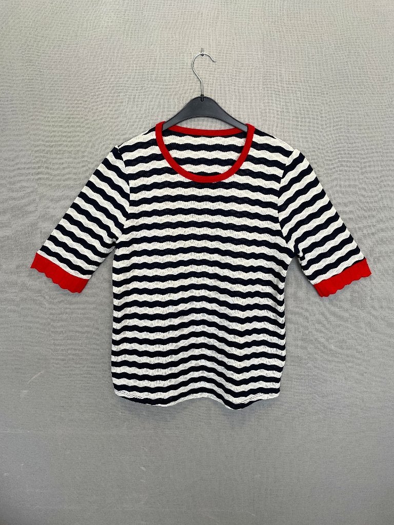 Zwart met wit truitje met rode accenten en korte mouwen (L), Kleding | Dames, Truien en Vesten, Ophalen of Verzenden, Zo goed als nieuw