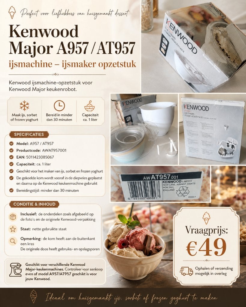 Kenwood ijsmachine - ijsmaker opzetstuk, Minder dan 1 liter, Ophalen, Gebruikt, Vaatwasserbestendig