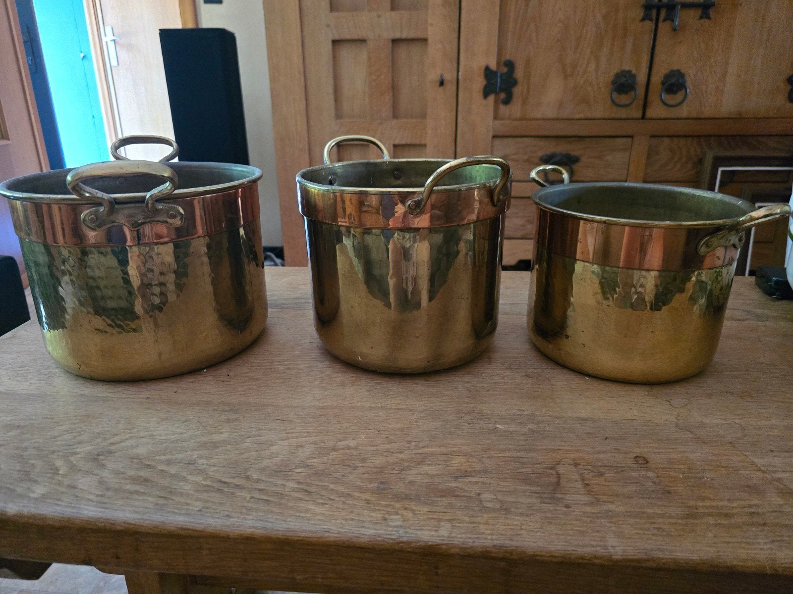 Set van drie vintage koperen/messing potten, Ophalen, Geel